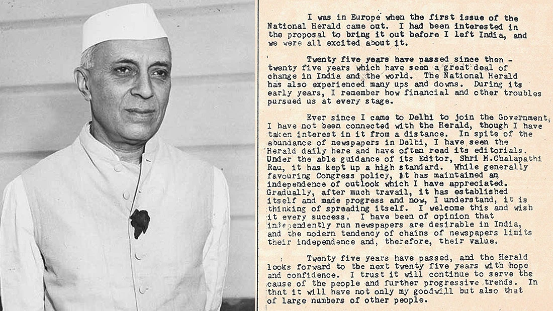 

A message on National Herald’s 25th anniversary from Prime Minister Jawaharlal Nehru