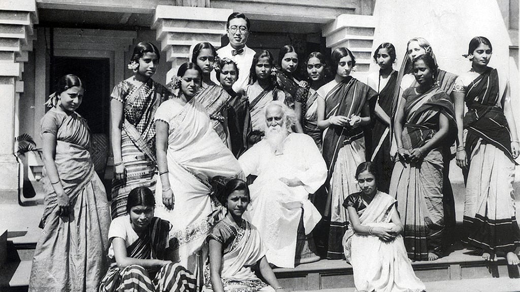 Gurudev Rabindranath Tagore with his students in Santiniketan in 1935. Also seen is Indira Nehru (standing, 5th from right), later Indira Gandhi (photo: National Herald archives) 