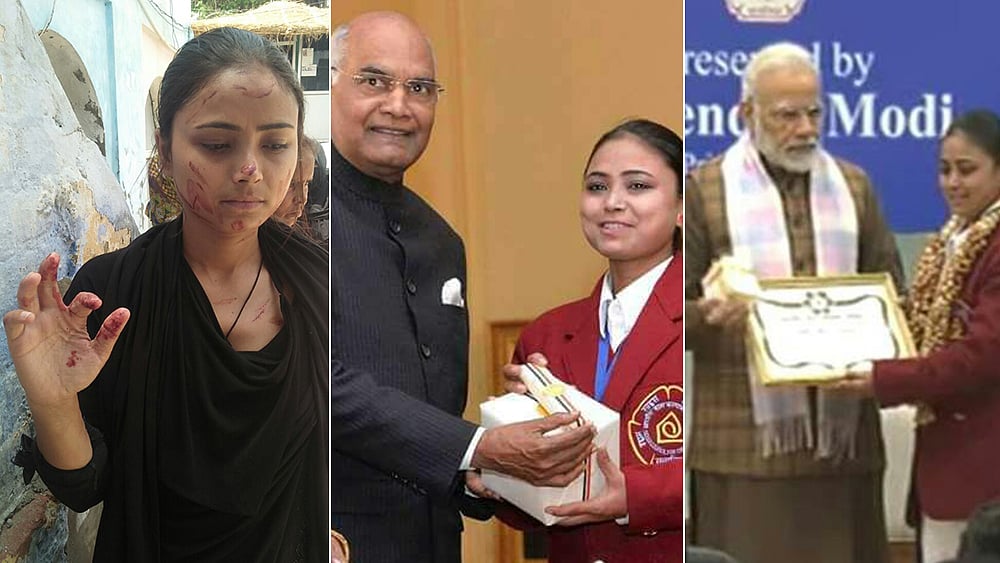 National Bravery Award winner Nazia Khan, who has been felicitated by both President Kovind (centre) and Prime Minister Narendra Modi, has been attacked by land mafia goons in Agra (left)