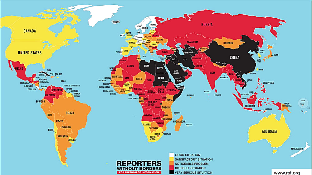 Reporters Without Borders’ World Press Freedom Index map for 2018, shows Indian media in a difficult situation
