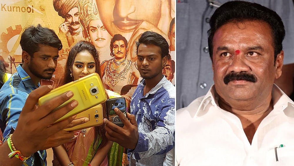 Files photos of Tollywood actress Sri Reddy with fans (left); and Telangana Minister for Cinematography T Srinivas Yadav
