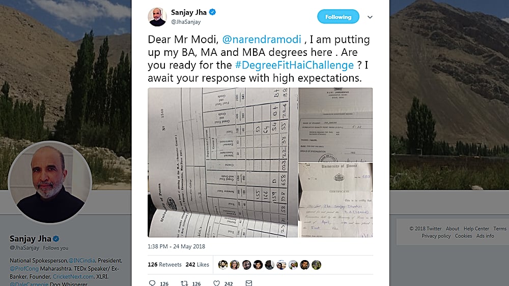 Congress National Spokesperson Sanjay Jha tweeted copies of all his degrees to Prime Minister Narendra Modi on May 24, and challenged the PM to put up copies of his own educational qualifications