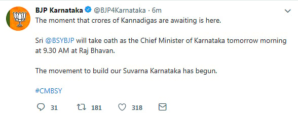 Karnataka Live Updates: Shock as Governor invites  BJP’s BS Yeddyurappa to take oath
