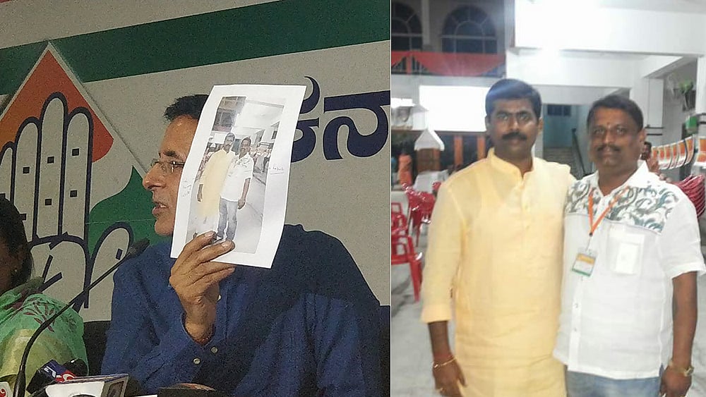 Congress spokesperson Randeep Singh Surjewala shows a photo of Rakesh, tenant of the flat in Jalahalli, Bengaluru where thousands of voter IDs were found, along with the BJP MLA candidate