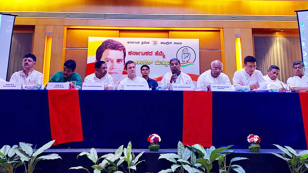 Congress President Rahul Gandhi with Chief Minister Siddaramaiah and senior Congress leaders at a press conference in Bengaluru on Thursday, May 10