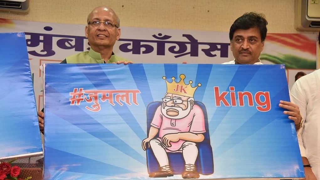 Opposition Congress party leaders Abhishek Manu Singhvi and Ashok Chavan launch ‘Jumla’ (fake or failed promises) series on the fourth anniversary of the Narendra Modi Government in Mumbai on May 26