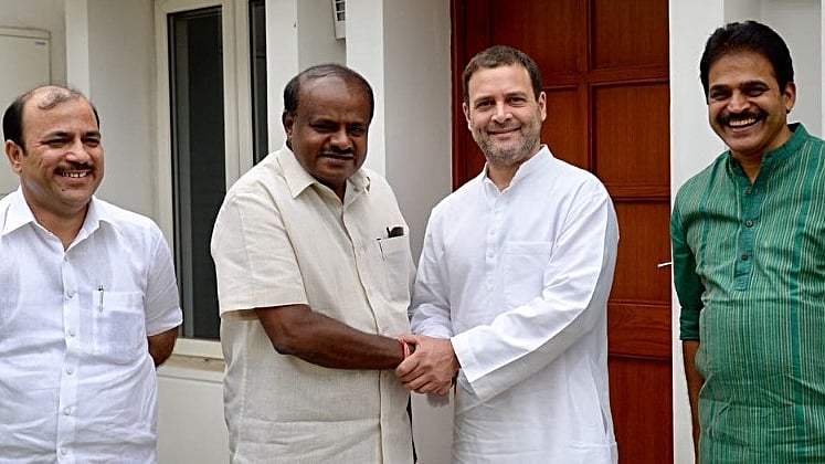 Congress President Rahul Gandhi meets Karnataka Chief Minister HD Kumaraswamy in Delhi on June 18; Congress leader KC Venugopal (right) and Janata Dal (Secular) leader Danish Ali (left) were also present; The Congress and JD(S) are in power together in Karnataka and have announced a pre-poll alliance for the 2019 general election