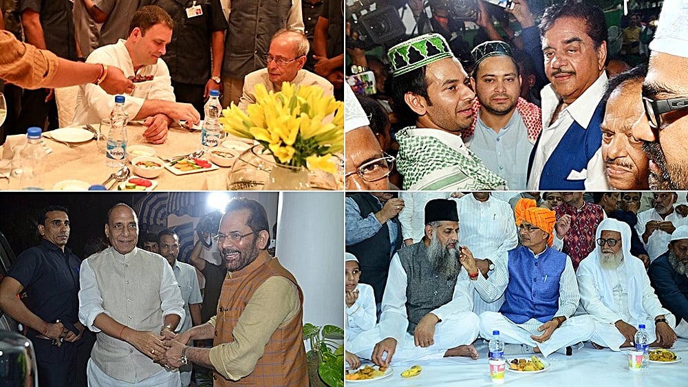 Congress President Rahul Gandhi with former President Pranab Mukherjee at the Congress iftar party in Delhi (top left); RJD leaders Tejashwi Yadav and Tej Pratap Yadav with BJP MP Shatrughan Sinha during an iftaar party at their residence in Patna (top right/IANS); BJP MP Mukhtar Abbas Naqvi welcomes Home Minister Rajnath Singh at his iftar party in Delhi (below left); MP CM Shivraj Singh Chouhan at his iftar party, all on June 13 (IANS)