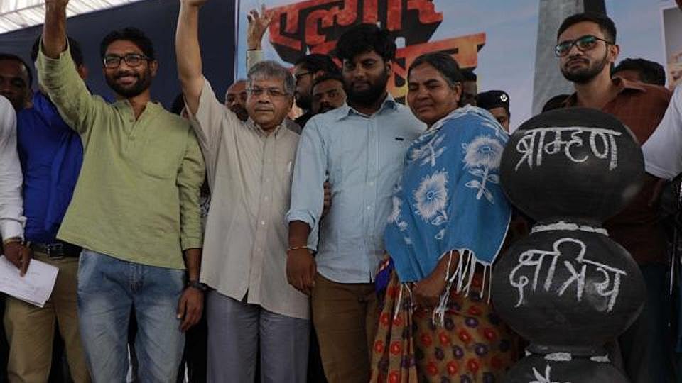 Jignesh Mewani (extreme left),  Radhika Vemula (second from right), and Omar Khalid (right) during the ‘Elgar Parishad’ at Shanivarwada &nbsp;
