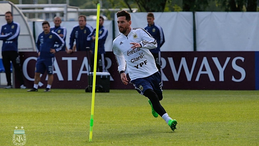 Argentine forward Lionel Messi at a team training camp in Russia&nbsp;
