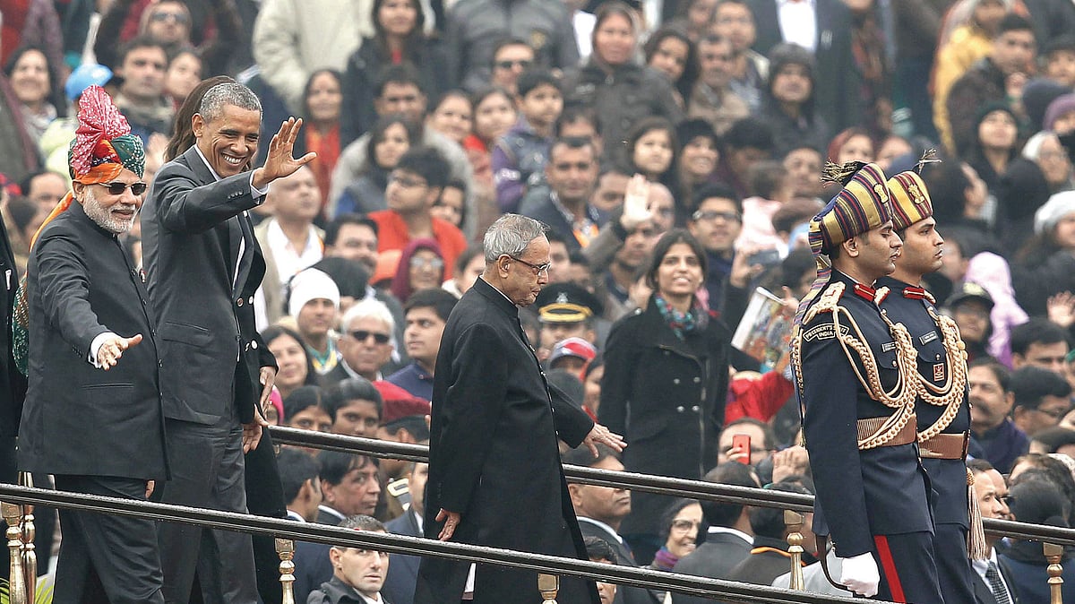 The then US President Barack Obama at the Republic Day Parade in New Delhi in 2015. Also in the photograph are Prime Minister Narendra Modi and the then Indian President Pranab Mukherjee.
