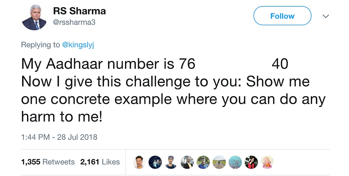TRAI chief humbled after publishing his Aadhaar number in security challenge