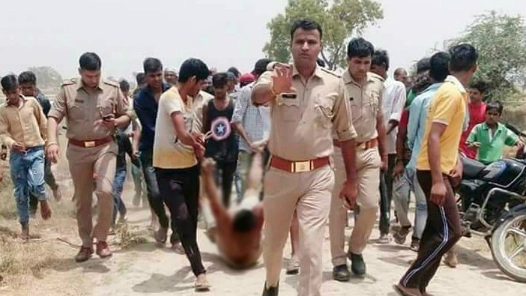 A lynching victim being dragged by a rabid mob in the presence of cops in UP’s Hapur district earlier this month