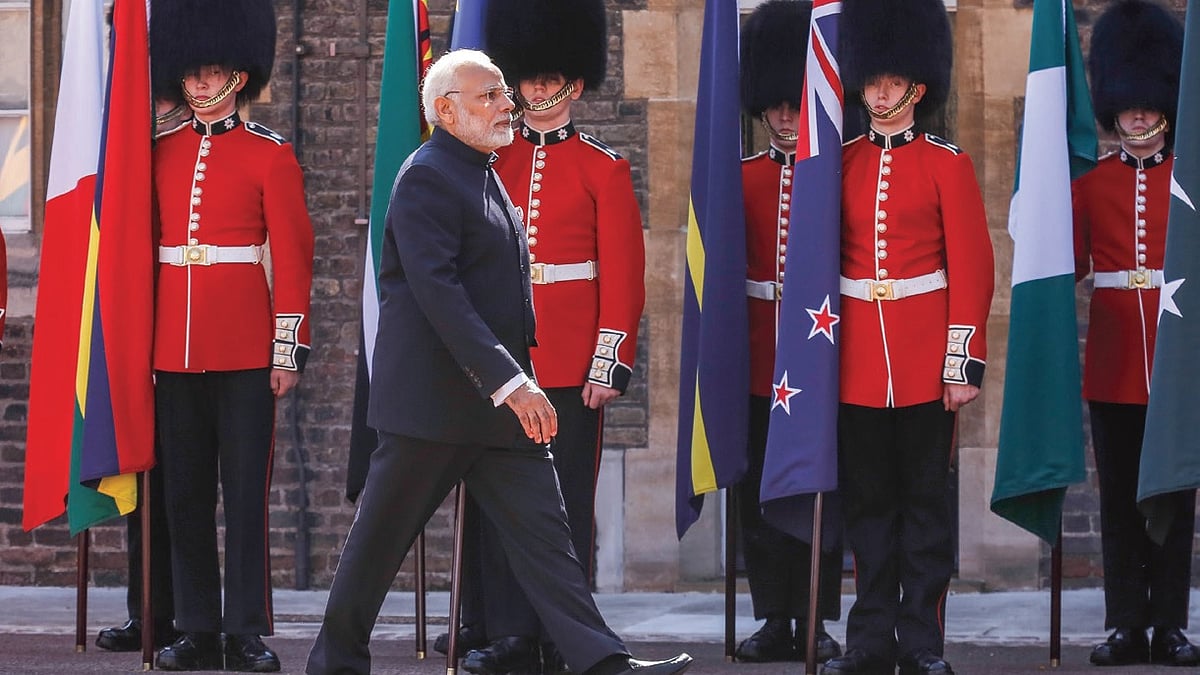 Narendra Modi of India arrives at the Executive Session of the Commonwealth Heads of Government in London, England