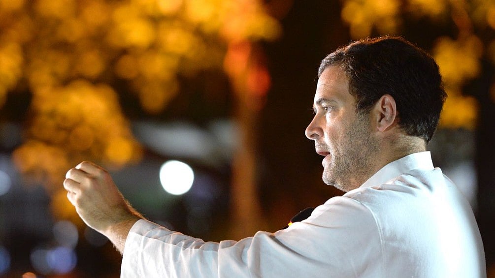Congress President Rahul Gandhi addresses a protest against the heinous mass rapes at a shelter home for girls in Bihar’s Muzaffarpur, at Jantar Mantar in Delhi on Saturday, August 4&nbsp;