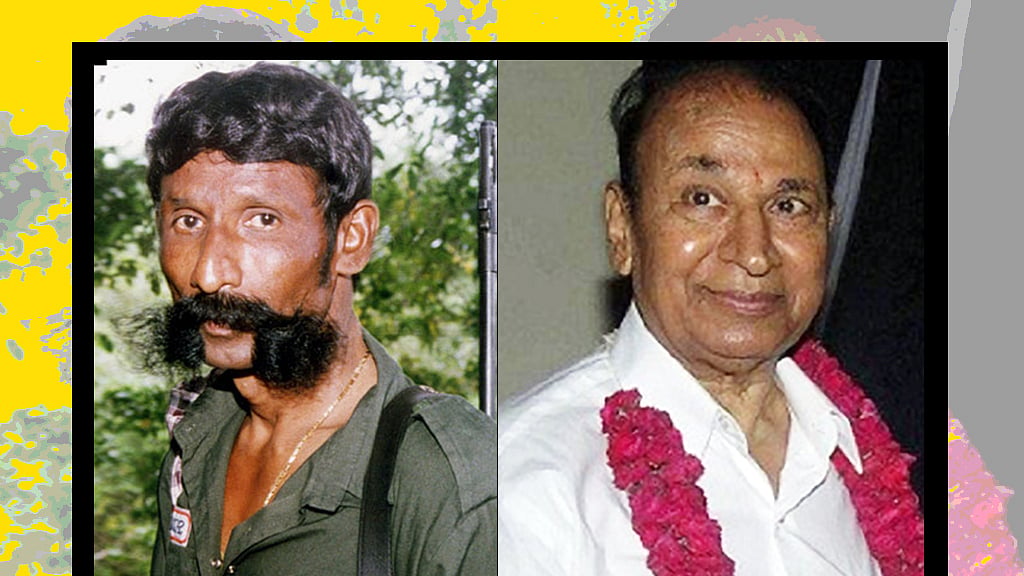 Sandalwood smuggler Veerappan (left) had abducted late Kannada actor Rajkumar from his farmhouse near Tamil Nadu-Karnataka border in 2000