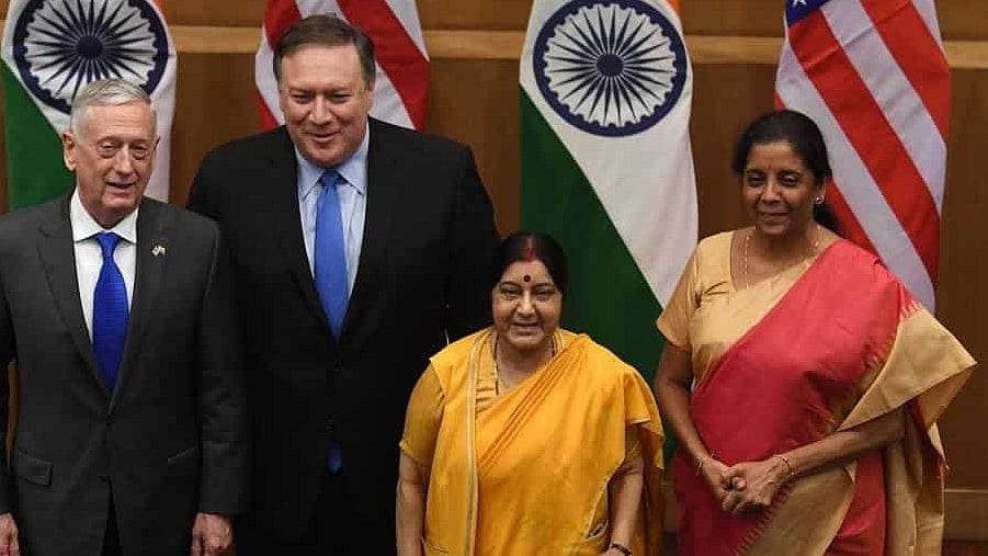 From left: US secretary of defense Jim Mattis, US secretary of state Mike Pompeo, Indian foreign minister Sushma Swaraj  and Indian defence minister Nirmala Sitharaman after a meeting in New Delhi on September 6