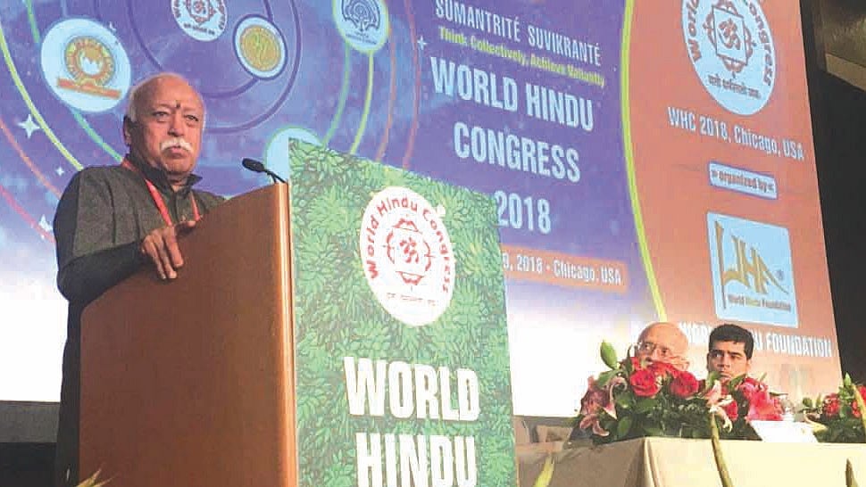 RSS supremo Mohan Bhagwat addressing the World Hindu Congress in Chicago