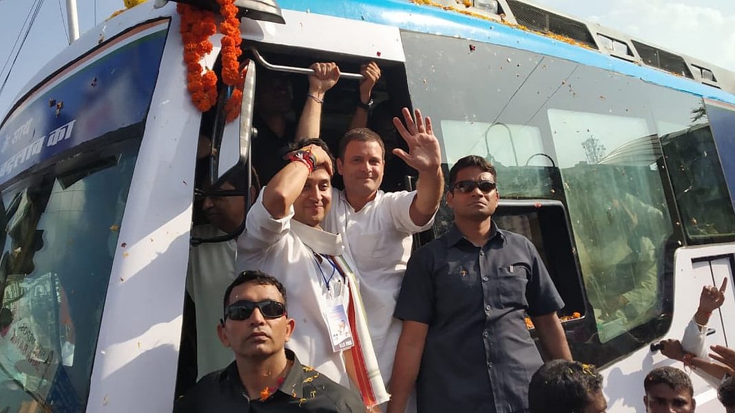 Congress President Rahul Gandhi with Congress leader and Guna MP Jyotiraditya Scindia during a roadshow in Bhopal, Madhya Pradesh on September 17 