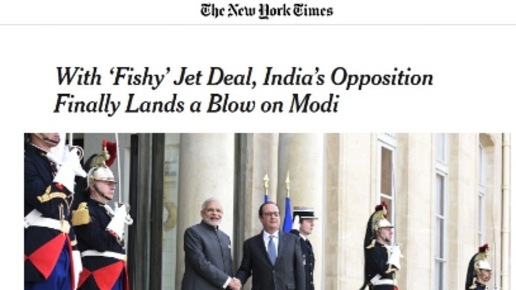 A screenshot of the New York Times article on the Rafale deal