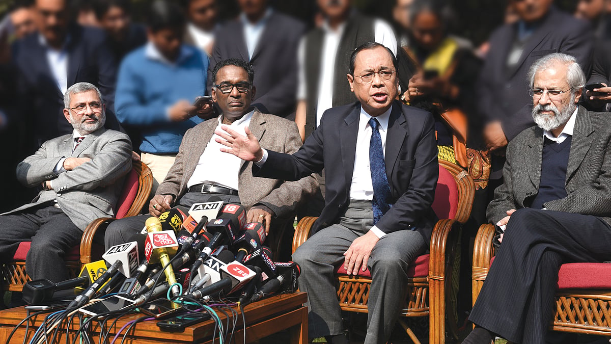 Supreme Court Judges (L to R) Kurian Joseph, J Chelameswar, Ranjan Gogoi and Madan Lokur addressing themedia at the ‘unprecedented’ press conference on January 12, 2018, in New Delhi