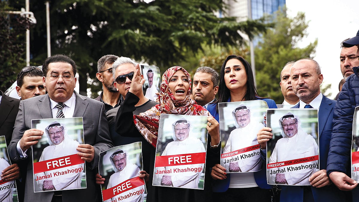 Head of Human Rights Association’s Istanbul office Gulseren Yoleri speaks as they gather for a news release on the disappearance of Jamal Khashoggi&nbsp;