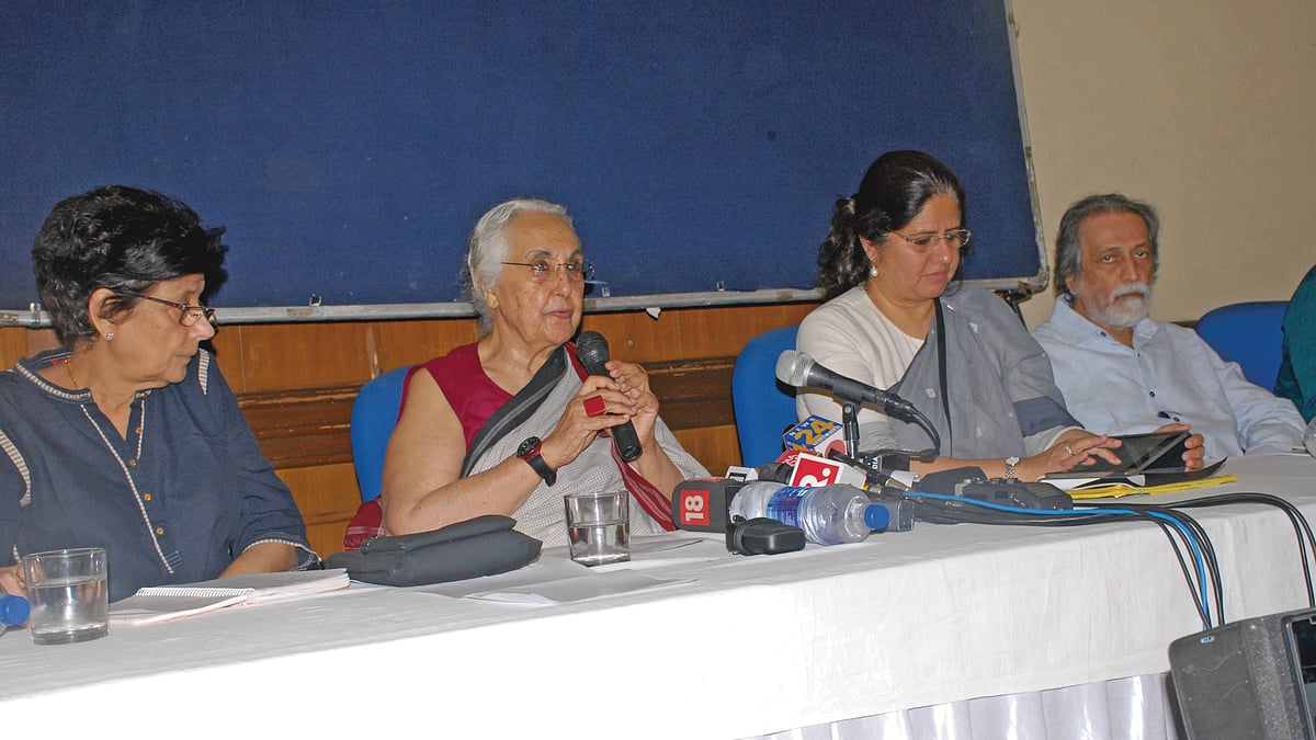 Romila Thapar (speaking), who is seeking a SIT probe into Bhima Koregaon violence&nbsp;