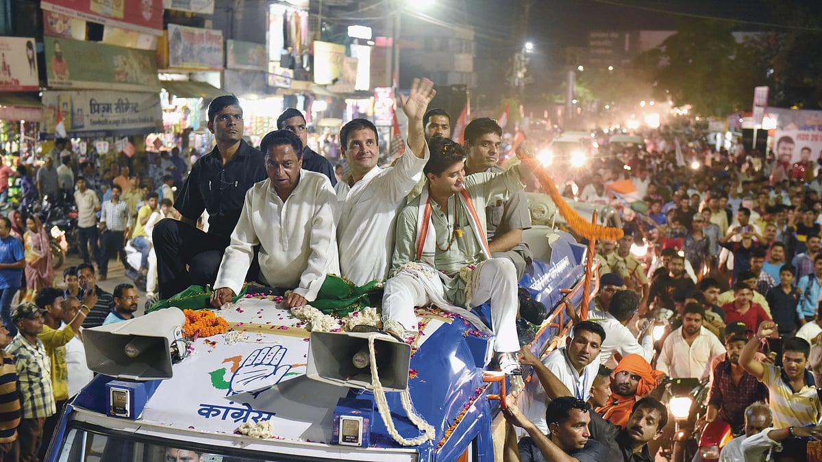 Congress President Rahul Gandhi and senior leaders Kamal Nath and Jyotiraditya Scindia during a road show