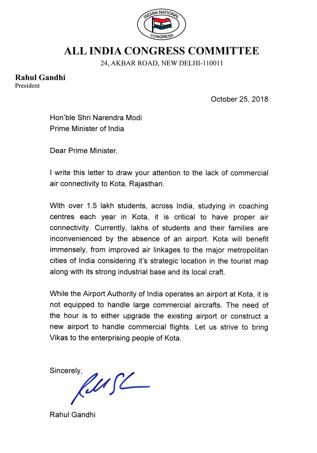 Rahul Gandhi writes to PM seeking air connectivity for Kota