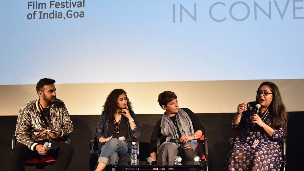 (from left) Shashank Khaitan, Gauri Shinde, Leena Yadav and Meghna Gulzar in conversation during the special session of 49th International Film Festival of India (IFFI)