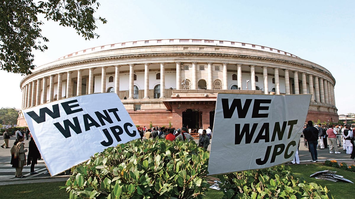 NDA leaders holding placards during a demonstration demanding JPC probe into 2G scam at parliament