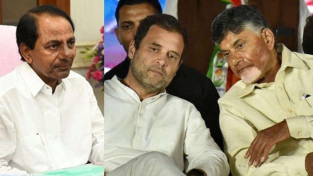 Telangana Chief Minister K Chandrasekhar Rao, Congress President Rahul Gandhi and TDP chief N Chandrababu Naidu