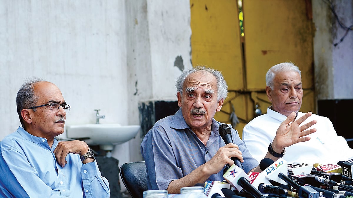 Prashant Bhushan, Arun Shourie and Yashwant Sinha at a media interaction on the Rafale issue
