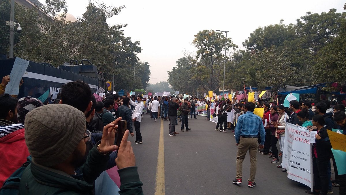 Research scholars protest outside HRD Ministry pressing for an increase in fellowship amount