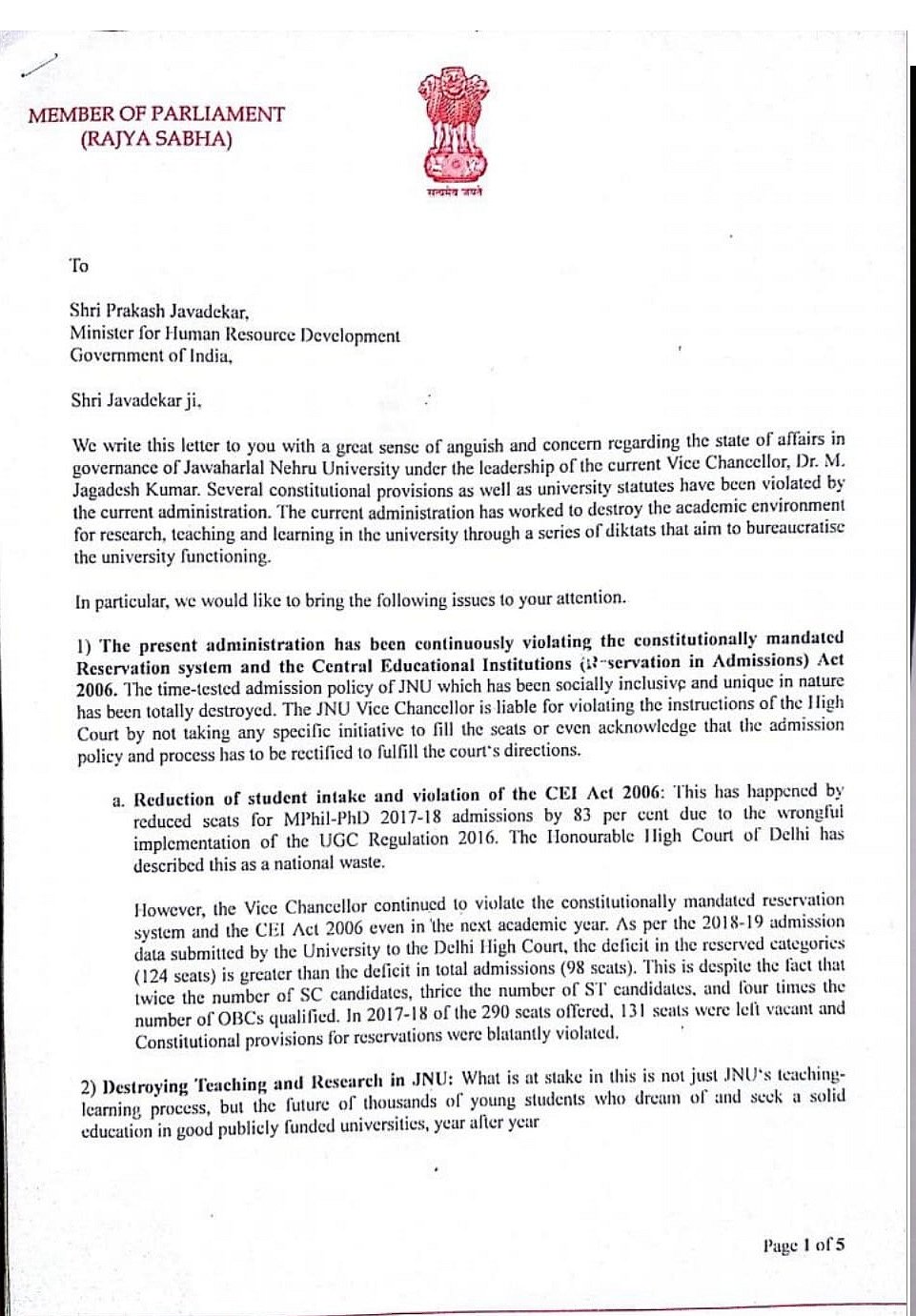 Members of Parliament seek inquiry against JNU Vice-Chancellor and his suspension: Read the memorandum
