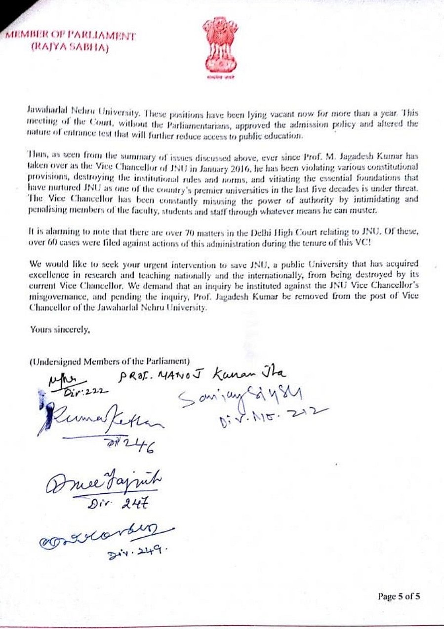 Members of Parliament seek inquiry against JNU Vice-Chancellor and his suspension: Read the memorandum