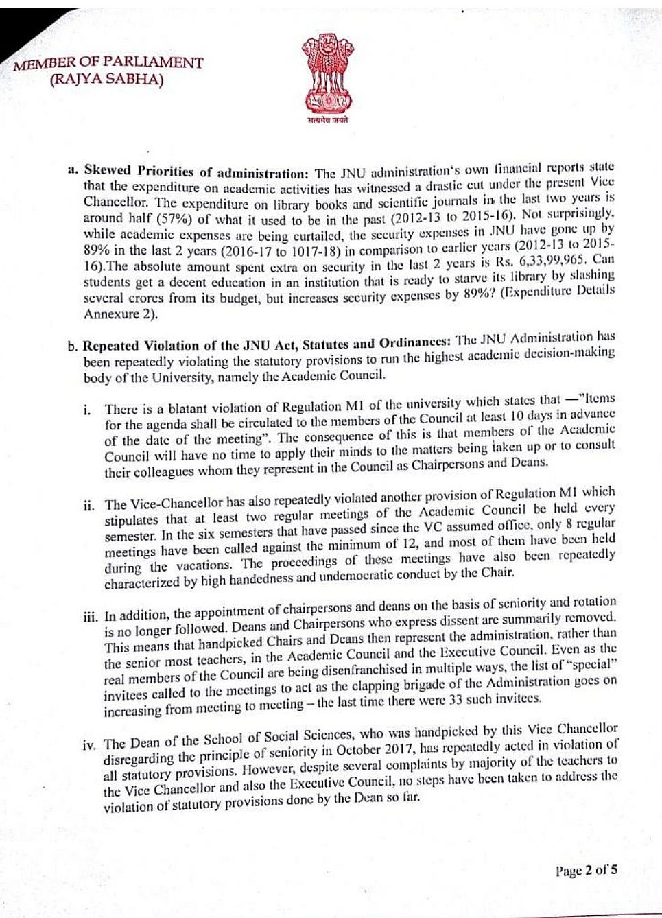 Members of Parliament seek inquiry against JNU Vice-Chancellor and his suspension: Read the memorandum