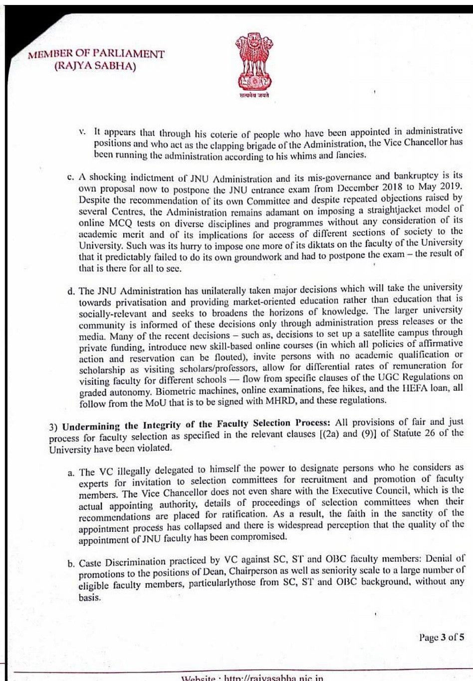 Members of Parliament seek inquiry against JNU Vice-Chancellor and his suspension: Read the memorandum