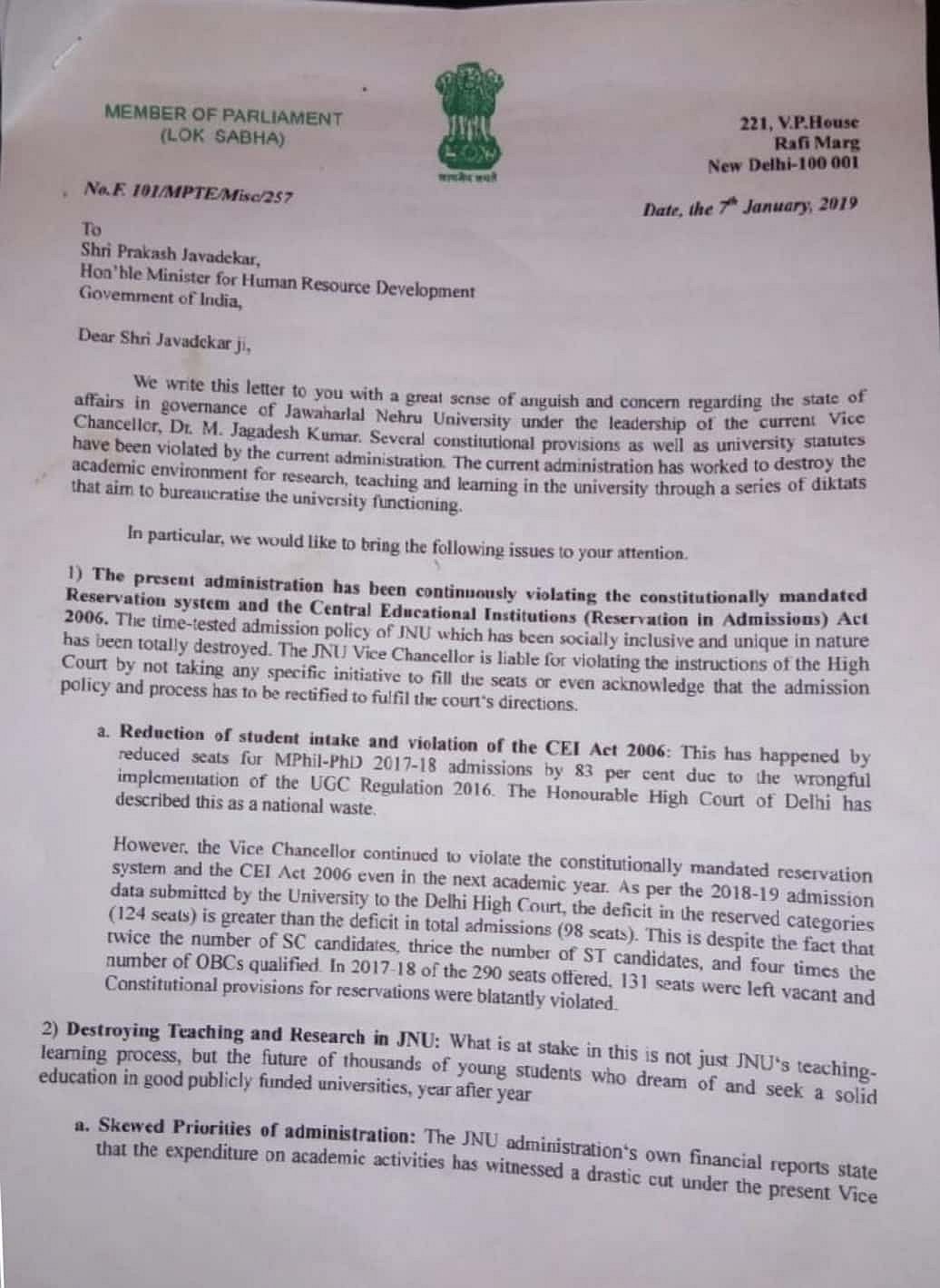 Members of Parliament seek inquiry against JNU Vice-Chancellor and his suspension: Read the memorandum