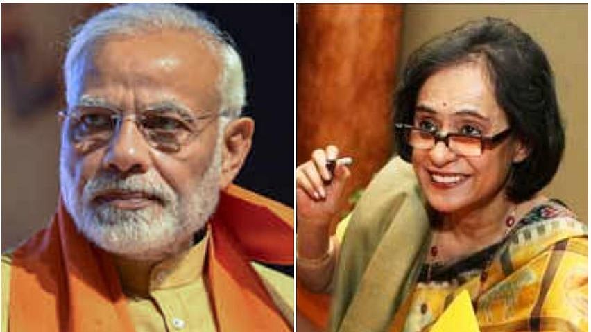Prime Minister Narendra Modi (L) and Gita Mehta (R)