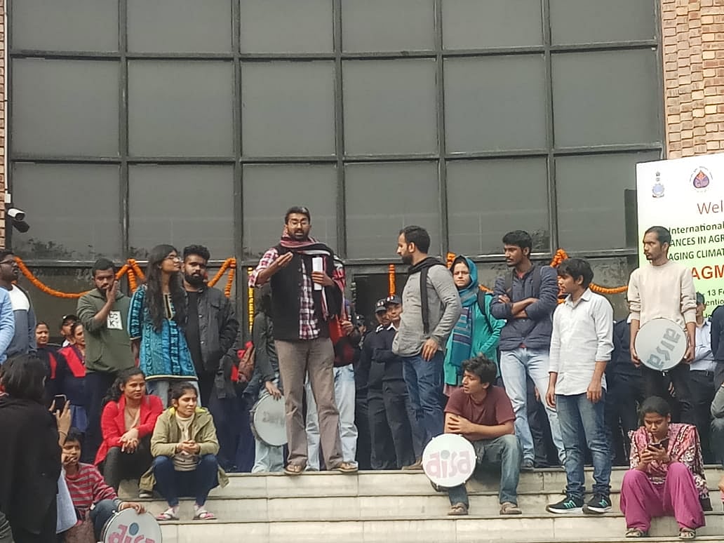 JNUSU and JNUTA hold protest against JNU VC Jagadesh Kumar demanding reschedule of Academic Council meeting