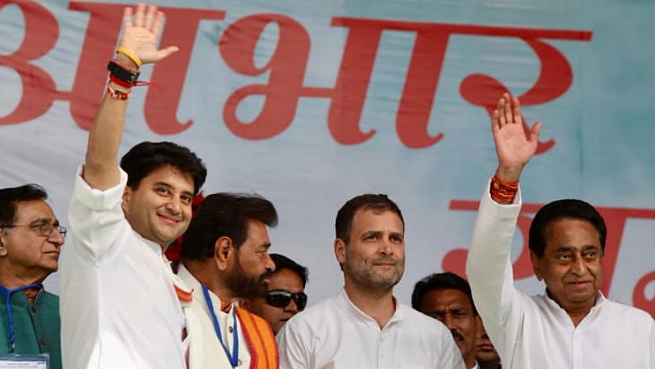  Jyotiraditya Scindia, Congress Chief Rahul Gandhi and Madhya Pradesh Chief Minister Kamal Nath (file photo)
