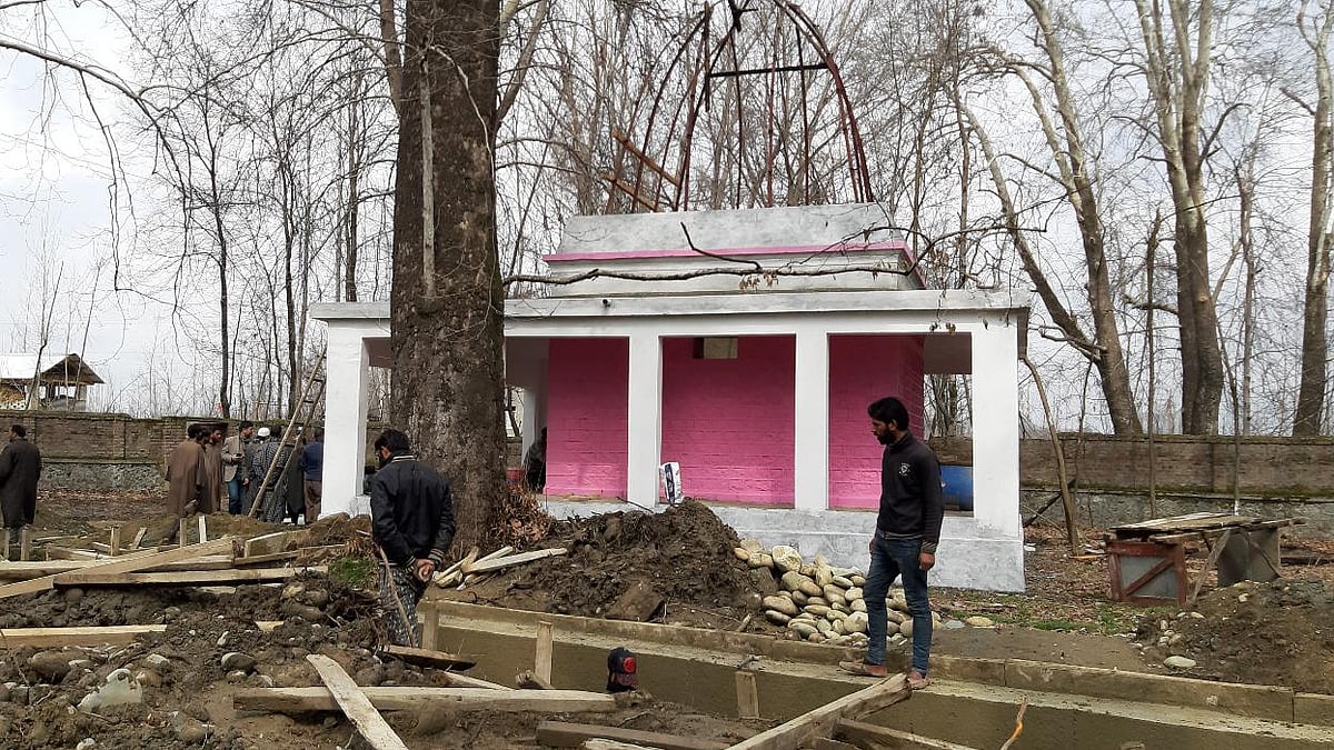 The restoration work is underway at the century old Shiv temple which is about 10 km from Lethpora where Jaish-e-Mohammed claimed suicide bombing had killed over 40 CRPF toppers on February 14