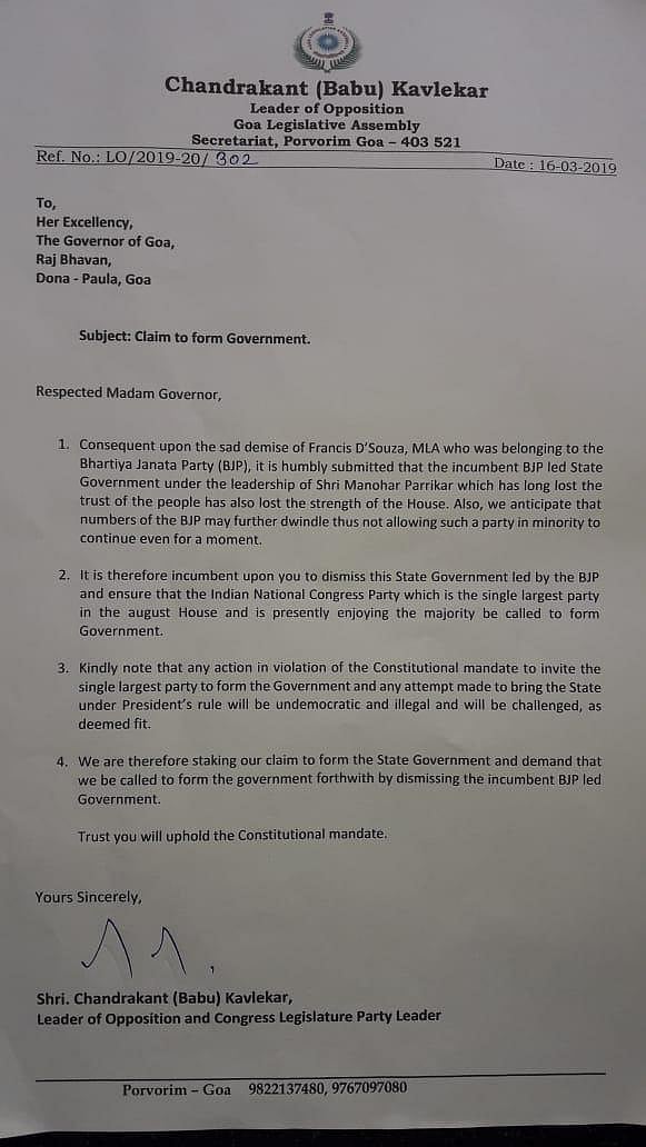 Congress stakes claim to form government in Goa, writes to Governor to dismiss BJP govt which is in minority 