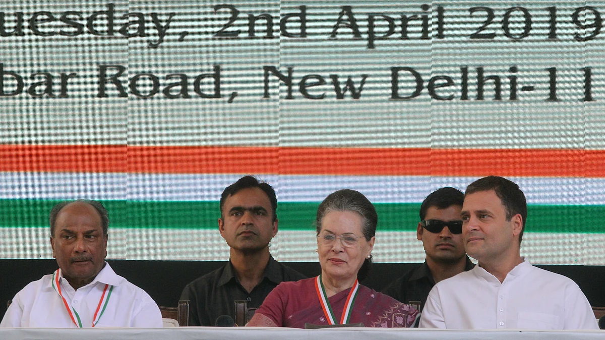 UPA chief Sonia Gandhi, Congress Chief Rahul Gandhi and Former Defence Minister Manmohan Singh at the launch of Congress Manifesto (NH Vipin)