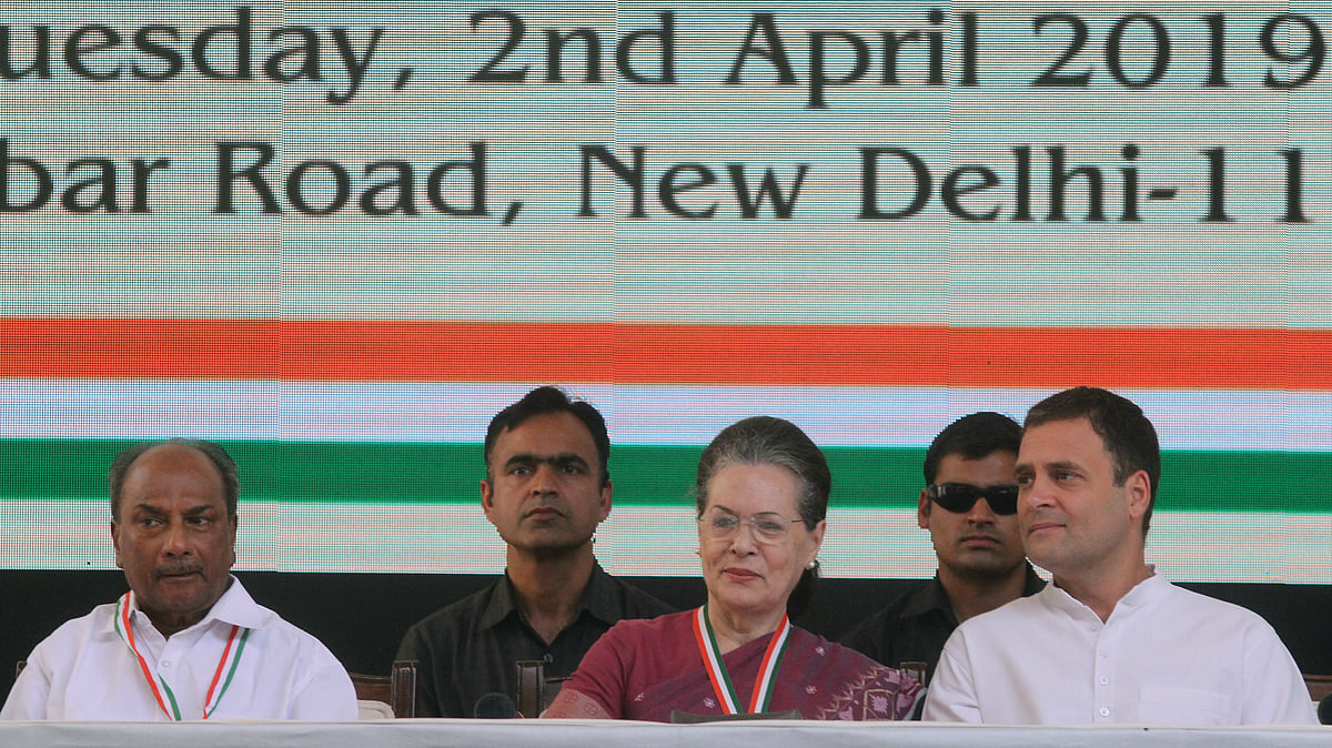 UPA chief Sonia Gandhi, Congress Chief Rahul Gandhi and Former Defence Minister Manmohan Singh at the launch of Congress Manifesto (NH Vipin)