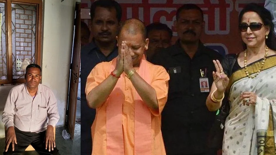 Balveer Singh (left), a Rajput villager in Mathura who voted the BJP in 2014 complains that Hema Malini is an outsider who only won in 2014 because of the tall promises made by PM Modi