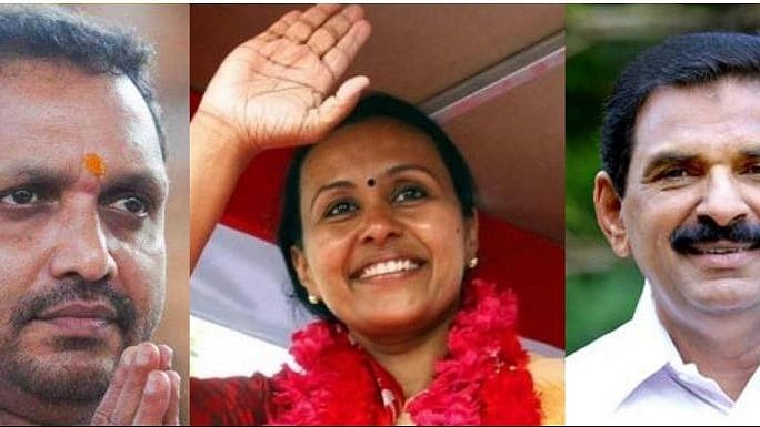 BJP candidate K Surendran (L), CPI(M)-led Left Democratic Front candidate Veena George (C), Congress-led United Democratic Front candidate Anto Antony (R) (PTI)
