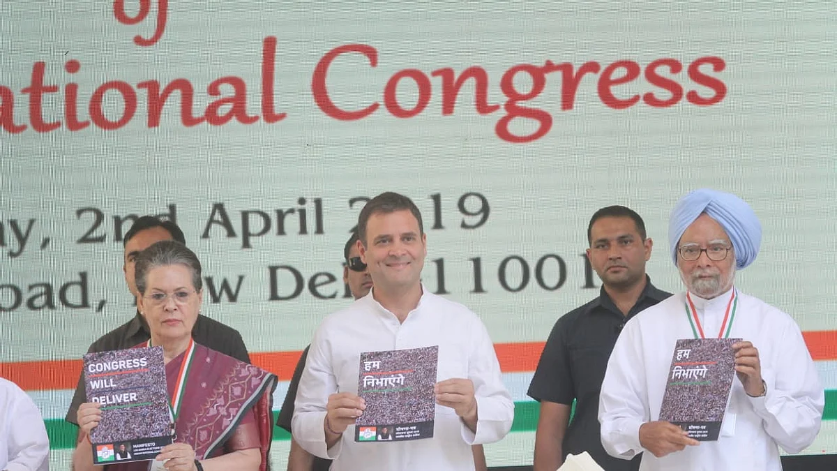 UPA Chairperson Sonia Gandhi, Congress President Rahul Gandhi and Former Prime Minister Manmohan Singh launching Congress party’s manifesto (nh vipin)
