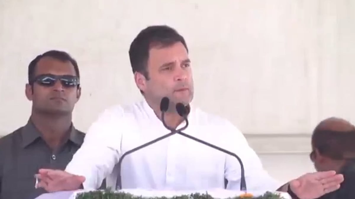Congress President Rahul Gandhi addressing a public meeting in Kolar, Karnataka